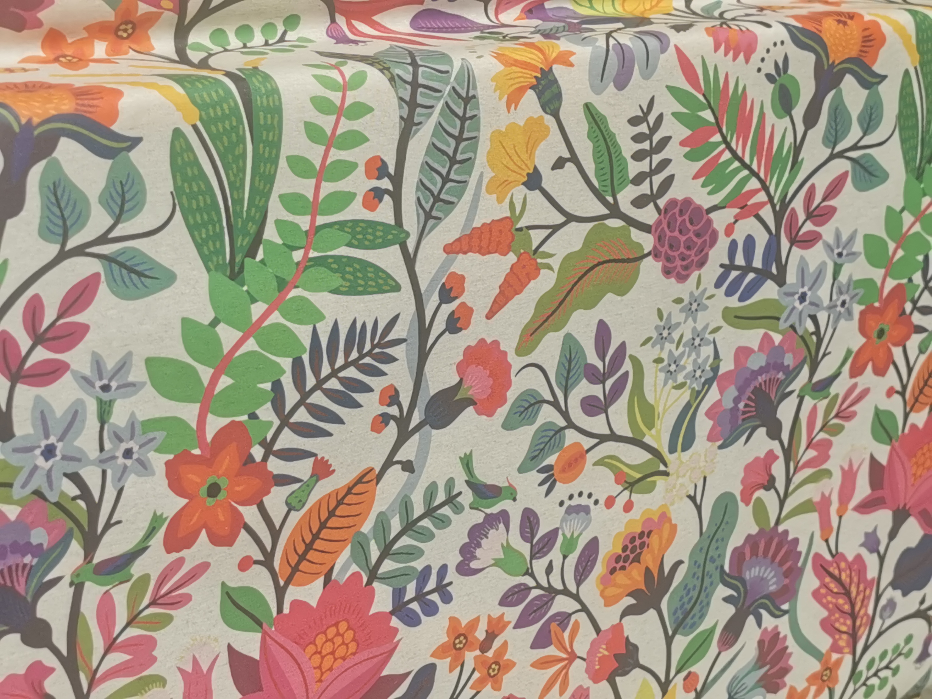 Beschichteter Baumwollstoff "Blumen bunt auf Leinen" (Breite 140 cm x Länge wählbar in 50 cm Schritten)